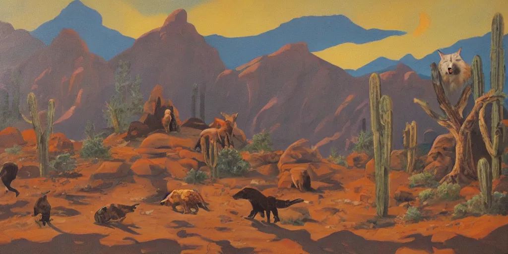 Image similar to old west desert landscape, eagle, bear, wolf and two foxes around campfire telling stories, oil paint on canvas art deco era