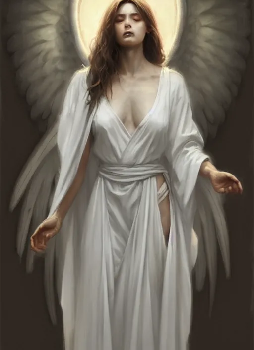 Prompt: angel in white robes. realistic shaded lighting poster by greg rutkowski, magali villeneuve, artgerm, jeremy lipkin and michael garmash, rob rey and kentaro miura style, trending on art station