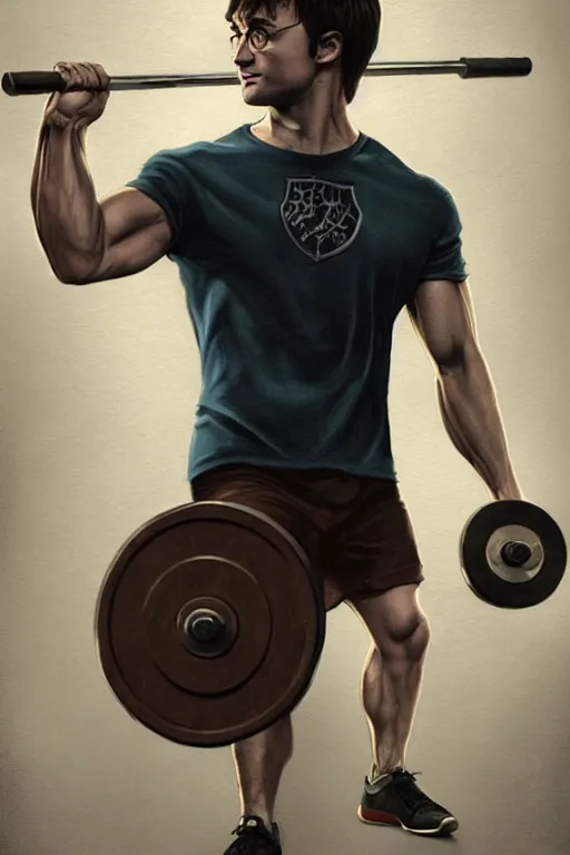 Image similar to highly detailed rendering of Daniel Radcliffe as Harry Potter doing barbell back squats, dingy workout gym, wearing a muscle tee shirt, muscular deep squats, symmetrical, highly detailed, digital painting, artstation, concept art, smooth, sharp focus, illustration, cinematic lighting, art by artgerm and greg rutkowski and alphonse mucha