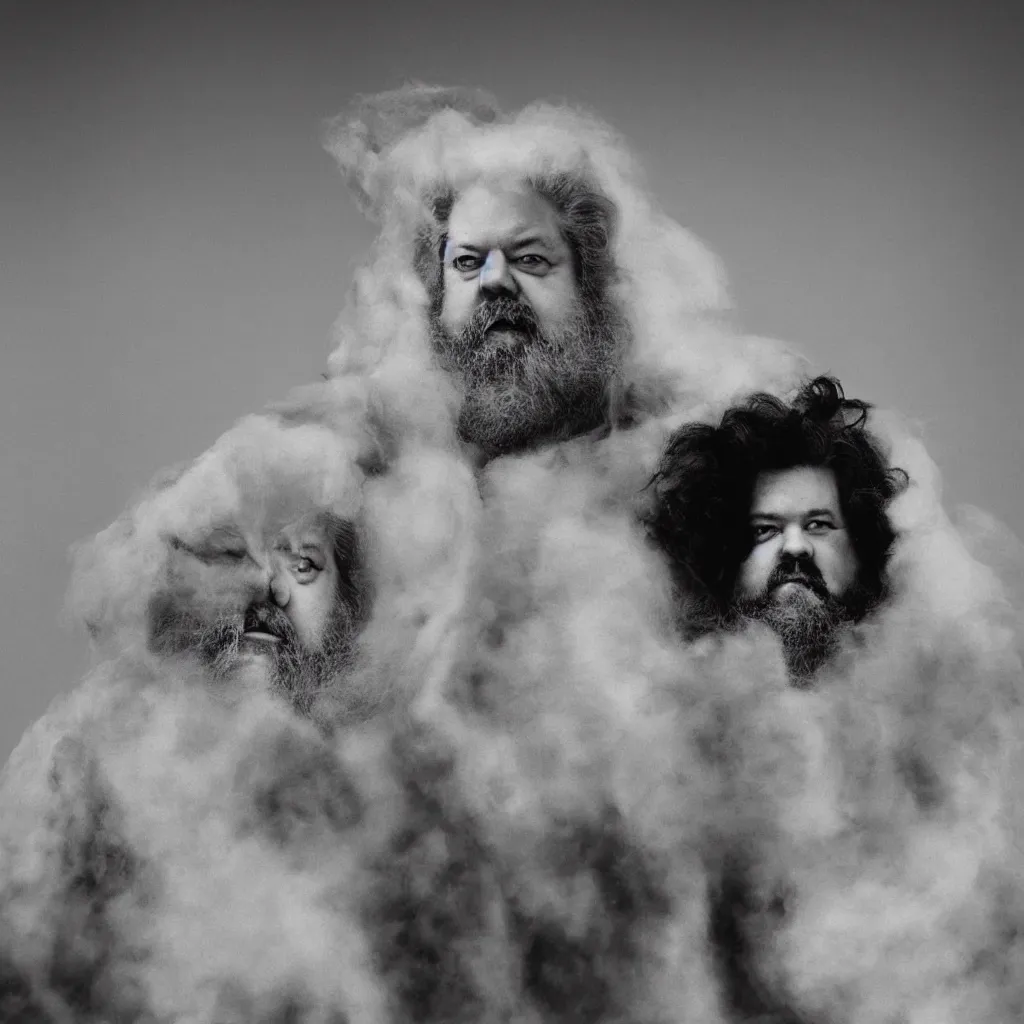 Image similar to An Alec Soth portrait photo of the moon, a cloud of Orson Welles as Falstaff floats in the sky, the moon is wearing several horse-hair wigs, Falstaff's face is also on the moon