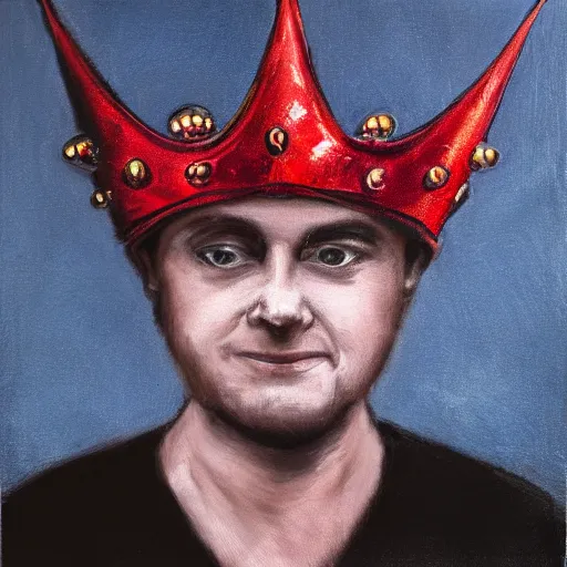 Image similar to man with a crown, smirk, photograph, black backgrounds, glowing red eyes, oil painting