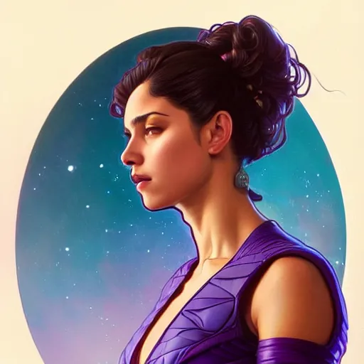 Image similar to Portrait of very very very very very very beautiful Latina woman, spacesuit, purple eyes, intricate, elegant, highly detailed, digital painting, artstation, concept art, smooth, sharp focus, illustration, art by artgerm and greg rutkowski and alphonse mucha