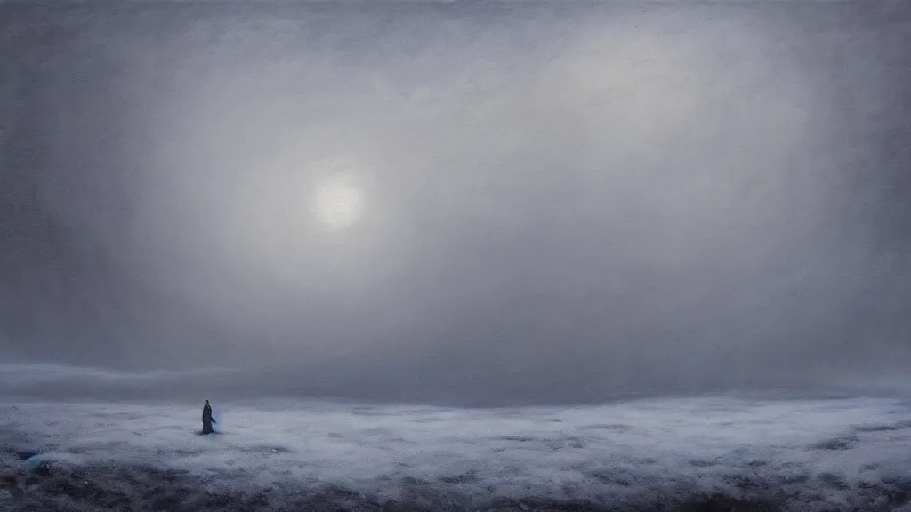 Prompt: a surreal dreamlike scene of a lone ghostly spirit wisp floating in vast barren snowy landscape, somber melancholic matte painting, highly detailed oil painting, liminal space, 8k, stillness, solitude, icy cold pale silent atmosphere, masterpiece