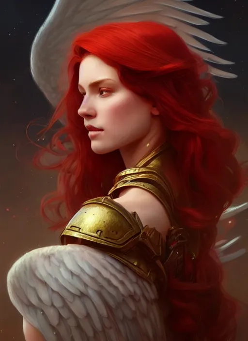 Image similar to a beautiful red haired woman a an angel, deep focus, d & d, fantasy, intricate, elegant, highly detailed, digital painting, artstation, concept art, matte, sharp focus, illustration, hearthstone, art by artgerm and greg rutkowski and alphonse mucha
