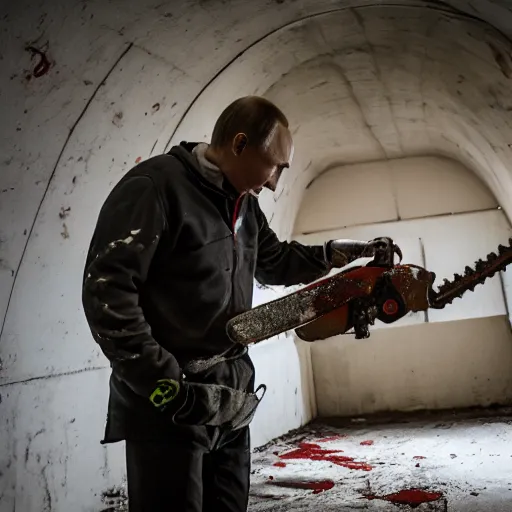 Prompt: putin with a chainsaw and a corpse. in a concrete bunker. focus on face with blood splatters. canon eos r 3, f / 1. 4, iso 4 0 0, 1 / 1 6 0 s, 8 k, raw