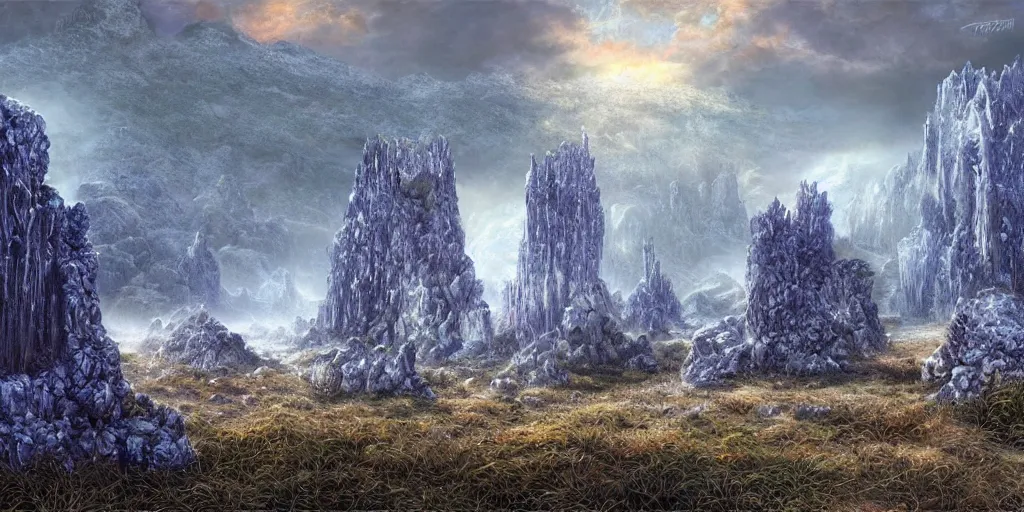 Image similar to Fantastical open landscape by Ted Nasmith, giant crystals, frost, iridescent, digital painting, concept art, landscape