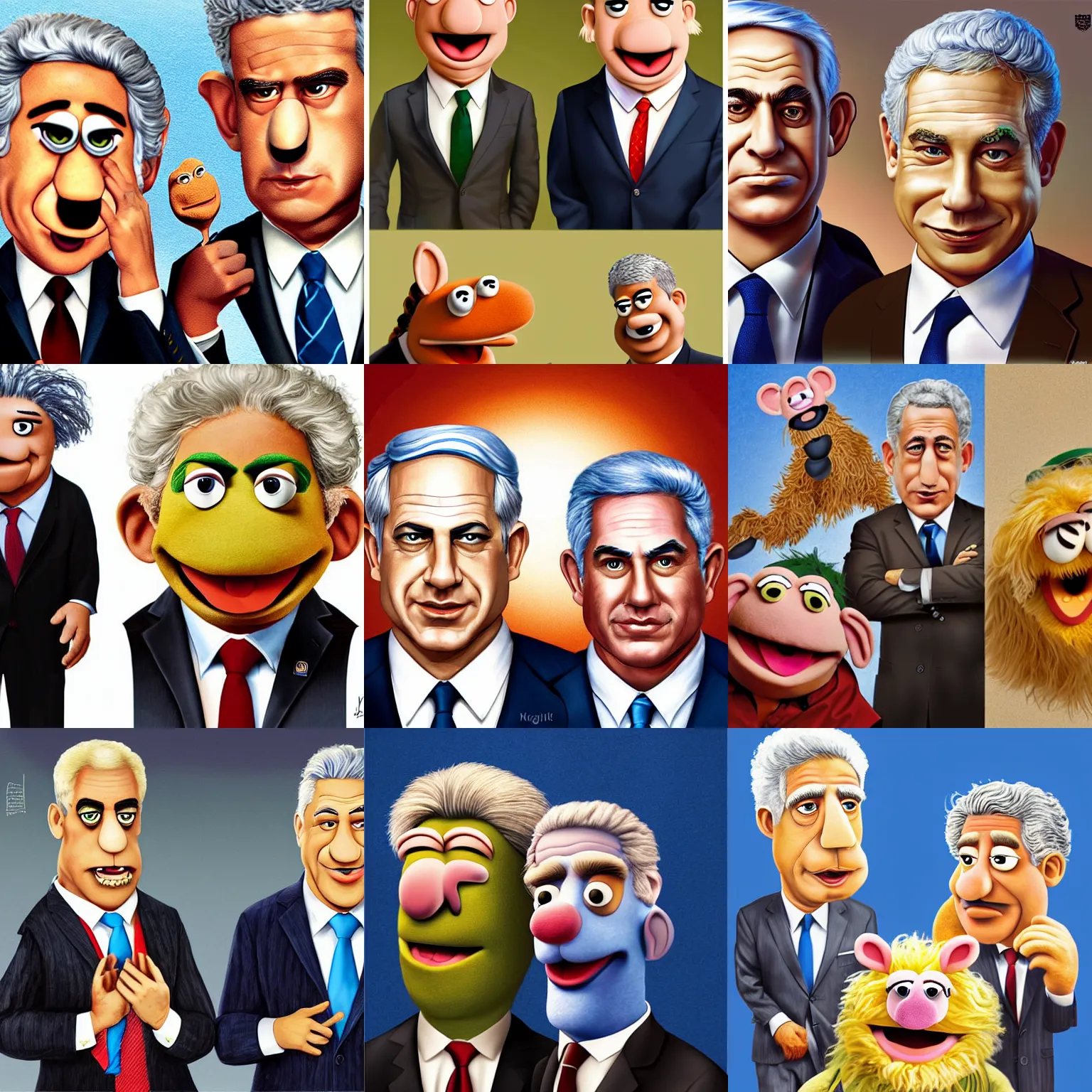 Prompt: Benjamin Netanyahu and Yair lapid as muppets, digital illustration portrait design by, Mark Brooks and Brad Kunkle detailed, gorgeous lighting, wide angle action dynamic portrait
