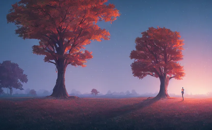 Prompt: A landscape with a giant oak tree in the fall at night, Low level, rendered by Beeple, Makoto Shinkai, syd meade, simon stålenhag, environment concept, synthwave style, digital art, unreal engine, WLOP, trending on artstation, 4K UHD image, octane render,