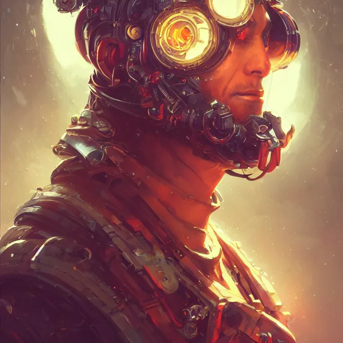 Image similar to a head and shoulders portrait of a space pirate, neon, retro, steampunk, smooth, sharp focus, intricate, artstation, detailed concept art by Greg Rutkowski and Norman Rockwell and artgerm