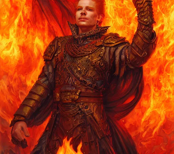 Prompt: The Fire King, beautiful young ginger man, fire, flames, dramatic, hyperdetailed | donato giancola, ralph horsley, Artem Demura | waist-up portrait | dungeons and dragons