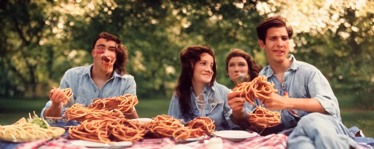 Prompt: young couple enjoying a spaghetti picnic in the park, high detail, perfect face, canon 5 0 mm, cinematic lighting, photography, retro, film, kodachrome