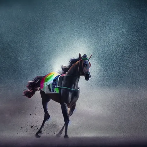 Image similar to close up front view of dense fog at a horse racing track. a glistening stallion ( ridden by a jockey in colorful outfit ) suddenly emerges from the fog head first, galloping extremely hard to win a race. professional, digital art, photorealistic, cinematic.