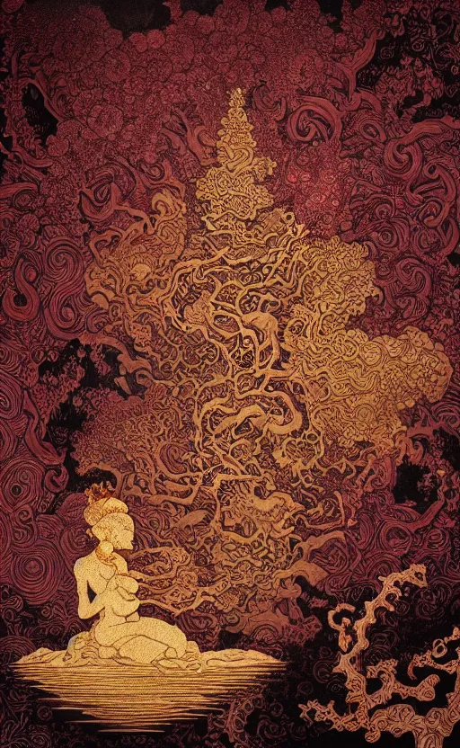 Image similar to masterpiece dark red paper with intricate designs, tarot card, a mandelbulb fractal southeast asian diety statue, full of golden layers, flowers, clouds, vines, mushrooms, swirls, curls, wave by Hokusai and Mike Mignola, trending on artstation, elaborate illustration, beautiful hands close to a candle in dark room, cinematic, powerful, moon beams dramatic light, highly, intricate elements, detailed, digital painting, artstation, concept art, sharp focus, illustration, art by artgerm