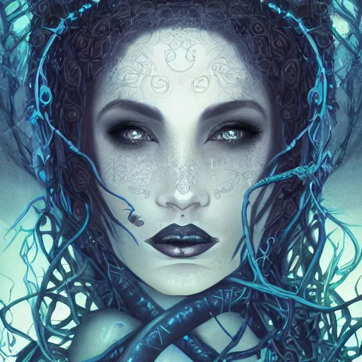 Prompt: detailed portrait of the dark queen of snakes, realism, dim moonlight, pale blue, emerald, sapphire, wearing a crown of vines and vipers, dark fantasy illustration, dramatic lighting, cgsociety, artstation