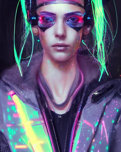 Image similar to detailed portrait Young Gangster Girl cyberpunk futuristic (neon) corporate styled hair Reflective holographic puffy cybernetic coat, decorated traditional ornaments by Christophe Young ismail inceoglu dragan bibin hans thoma greg rutkowski Alexandros Pyromallis Nekro Rene Margitte illustrated Perfect face, fine details, realistic shaded, fine-face, pretty face