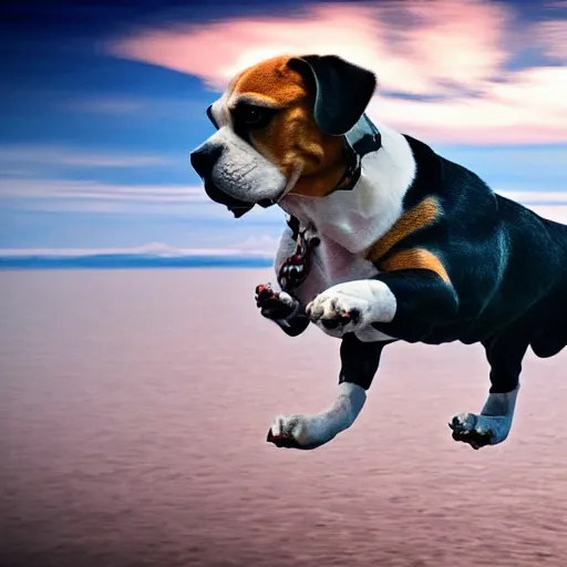 Prompt: masive 1 0 0 meters beagle dog over the sea, epic cinematic, 4 k, very high detail