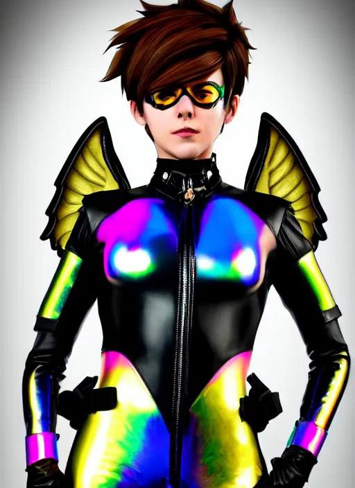 Image similar to portrait bust digital artwork of tracer overwatch, wearing iridescent rainbow latex and leather straps catsuit outfit, 4 k, expressive happy whistling face, makeup, in style of mark arian, angel wings, wearing detailed leather collar, chains, black leather harness, detailed face and eyes,