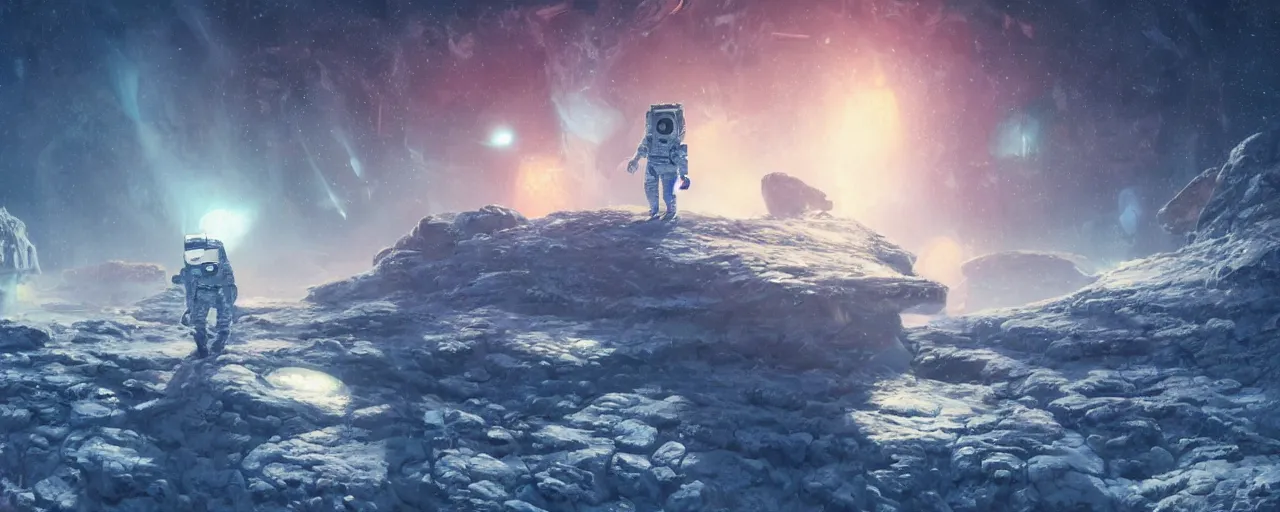 Prompt: lone astronaut exploring outer cybernetic planet covered with ice, art by paul lehr, cinematic, detailed, epic, widescreen, opening, establishing, matte painting, photorealistic, realistic textures, octane render