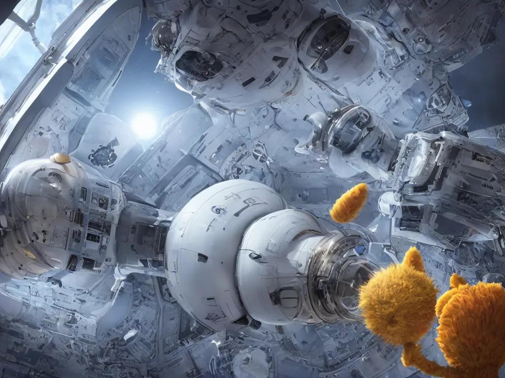 Prompt: photo of 8k ultra realistic spacecraft starship, spacex, clear sky, Big budget horror movie set in an undersea biolab, staring Garfield the Cat and the muppets, full of colour, cinematic lighting, battered, trending on artstation, 4k, hyperrealistic, focused, extreme details, unreal engine 5, cinematic, masterpiece, art by John Harris