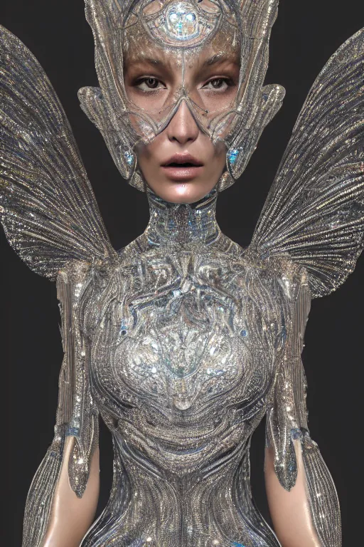 Image similar to a highly detailed metahuman 4 k close up render of an alien goddess bella hadid as milky way in iris van herpen dress schiaparelli in diamonds crystals swarovski and jewelry in style of alphonse mucha gustav klimt trending on artstation made in unreal engine 4