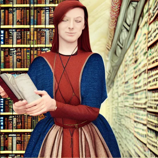 Image similar to 2 1 st century woman!!!! with a medieval book in her hand, 4 k, 8 k, photorealistic imagery