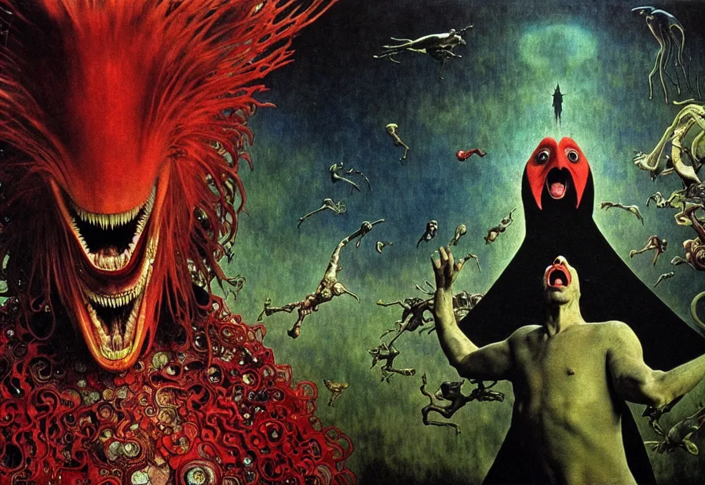 Image similar to realistic detailed portrait movie shot of a screaming birdman wearing black robes, sci fi landscape background by denis villeneuve, amano, yves tanguy, alphonse mucha, max ernst, ernst haeckel, roger dean, masterpiece, rich moody colours, snarling dog teeth