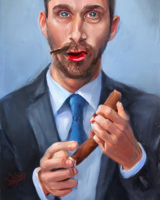 Prompt: Hyper realistic oil portrait of a man in his thirties smoking a cigar, dressed in a blue suit, by Mosh Art, trending on artstation