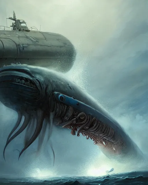 Image similar to a dream fantasy painting of a sub attacked by a giant squid, by beksinki, giger, greg rutkowski, carne griffith trending on artstation, deviantart, photorealism