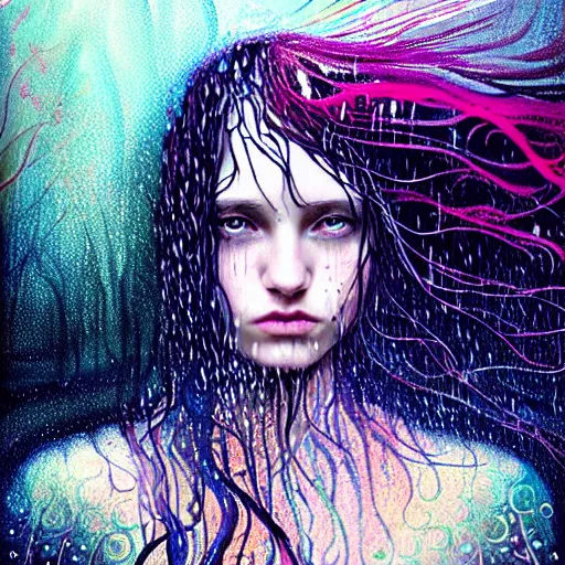 Image similar to girl finding freedom in psychedelic LSD rain with wet hair and face, fantasy, intricate, elegant, dramatic lighting, emotionally evoking symbolic metaphor, highly detailed, lifelike, photorealistic, digital painting, artstation, concept art, smooth, sharp focus, illustration, art by John Collier and Albert Aublet and Krenz Cushart and Artem Demura and Alphonse Mucha