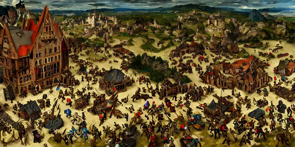 Prompt: RTS gameplay third person in style of Brueghel, painting, Stronghold strategy gameplay, high detailed, fantasy, medieval, buildings, castle, armored units, RPG, high contrast, octane render