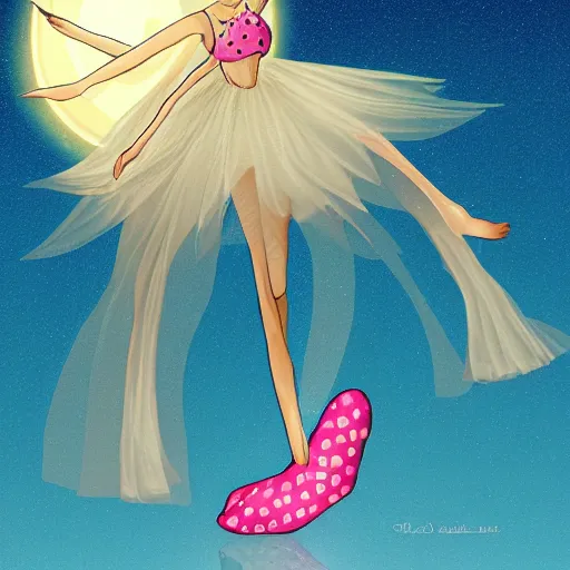 Image similar to a fairy wearing slippers in the shape of a star, realistic digital art