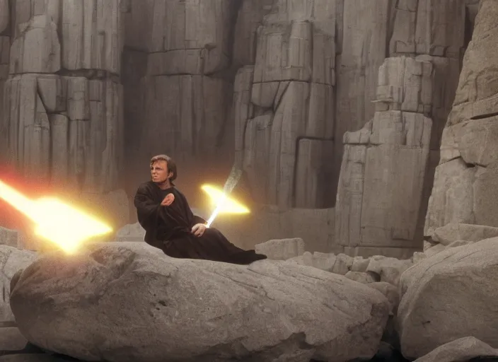 Prompt: screenshot of Luke Skywalker sitting around rocks floating in the air, outside on the rocky jedi temple, iconic scene from the last jedi, 1980s film directed by Stanley Kubrick, great portrait of Mark Hammill, cinematic lighting, kodak, stunning moody cinematography, with anamorphic lenses, crisp, detailed portrait, 4k image