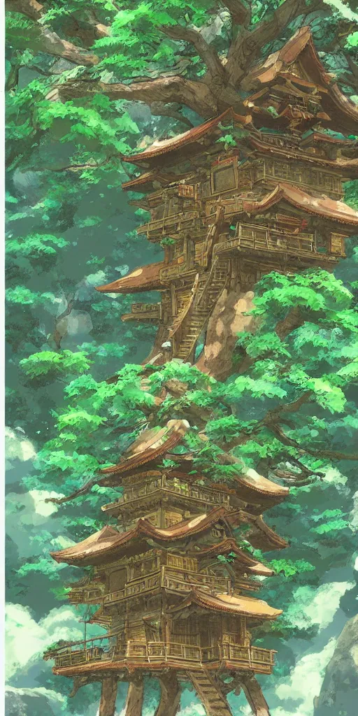 Image similar to detailed japanese treehouse shrine, breath of the wild, hyrule, studio ghibli artstation, 3 5 mm