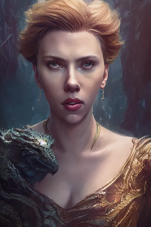 Image similar to a fancy portrait of Scarlett Johansson as a dragon by Greg Rutkowski, Sung Choi, Mitchell Mohrhauser, Maciej Kuciara, Johnson Ting, Maxim Verehin, Peter Konig, final fantasy , mythical, 8k photorealistic, cinematic lighting, HD, high details, atmospheric,