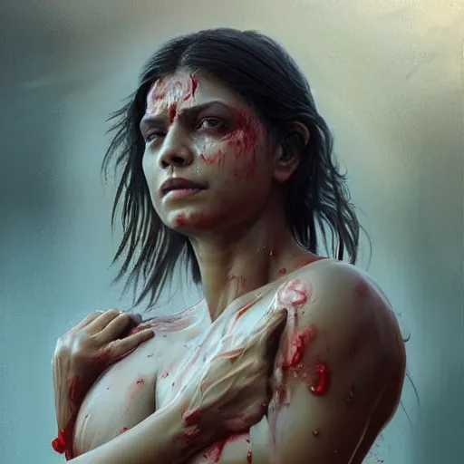 Image similar to portrait painting of a muscular bloodied indian middle aged woman bathing, ultra realistic, concept art, intricate details, eerie, horror, highly detailed, photorealistic, octane render, 8 k, unreal engine. art by artgerm and greg rutkowski and alphonse mucha