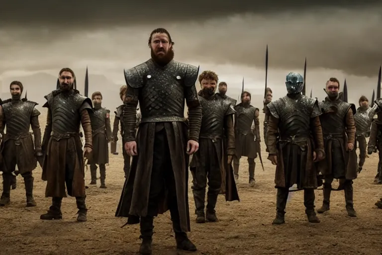 Image similar to vfx film, game of thrones robot army, flat color profile low - key lighting award winning photography arri alexa cinematography, big crowd, hyper real photorealistic cinematic beautiful, atmospheric cool colorgrade