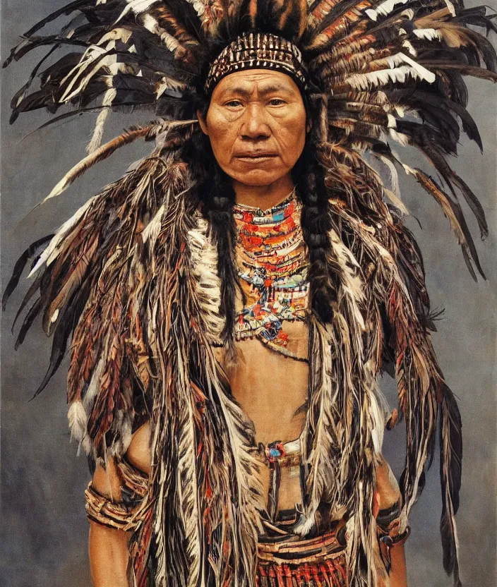 Image similar to full body shot picture of indigenous people young slim fit woman warrior in canyon, painted by lucian freud, intricate costume design, beautiful feathers, hd, super detailed, realistic