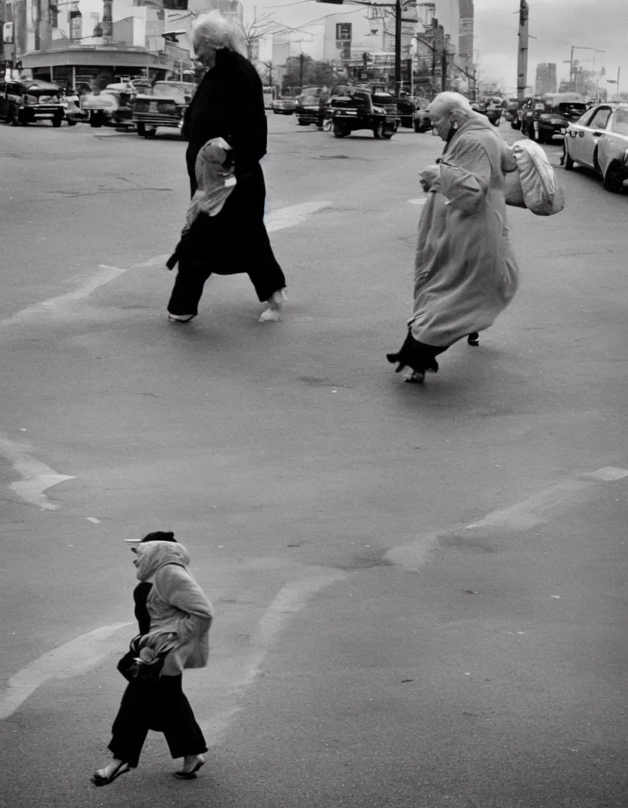 Image similar to A panicked old woman crossing the street with a walker. A nuclear mushroom cloud is in the background. Black and white photo by Annie Leibovitz.