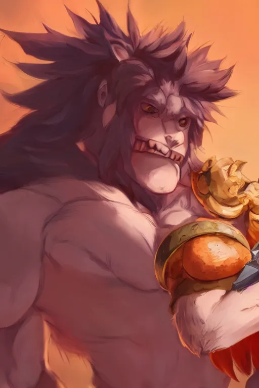 Image similar to muscular lion barbarian wearing a holding a sword, fursona, anthro, male, anime key visual, detailed orange fur, loincloth, makoto shinkai, portrait