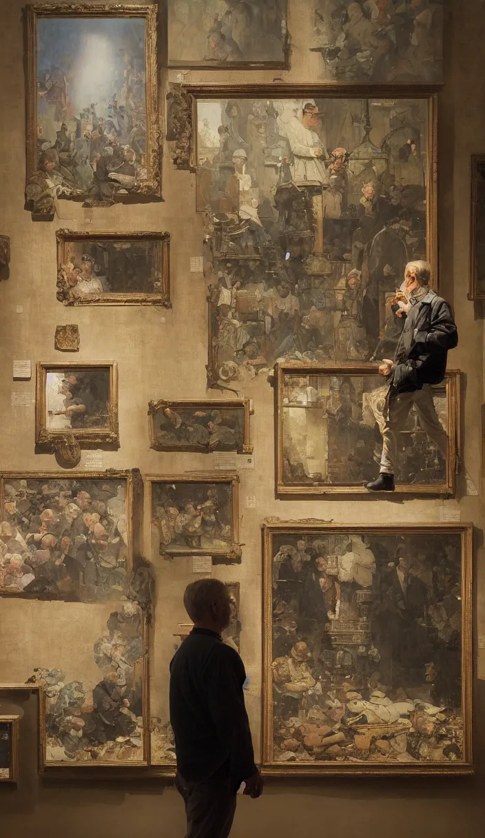 Prompt: a man in a museum looking at a painting showing the same scene where he is, part by Norman Rockwell, part by Greg Rutkowski , part by Mattias Adolfsson, high angle, intricate, detailed, (((volumetric lighting))), oil on canvas