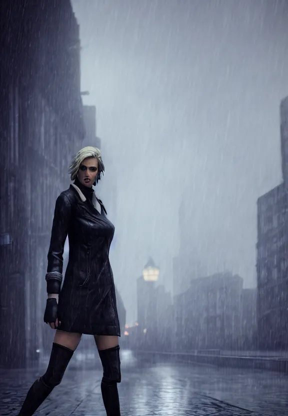 Image similar to cosmopolitan model annie leonhart posing with open toe heels in dunwall city, beautiful face, detailed face, cinematic lighting, rainy weather, melancholy atmosphere, volumetric light, octane render, gothic architecture, realistic reflections, octane render 8 k, model agency, instagram photo, depression and despair