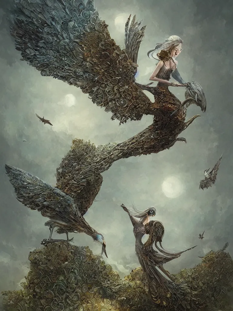 Image similar to a painting of a person with bird traits, a detailed painting by Andrew Ferez, cgsociety, fantasy art, biomorphic, mystical, whimsical