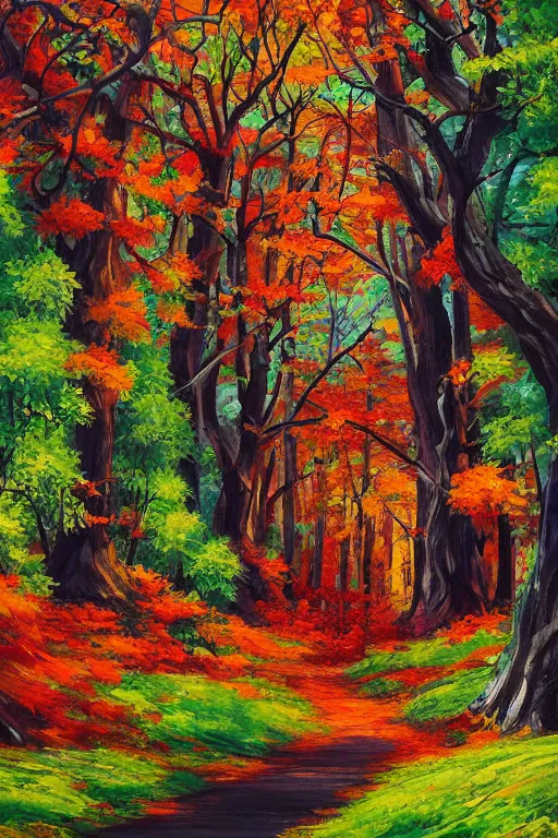 Image similar to a detailed painting in the style of anime of a colorful forest