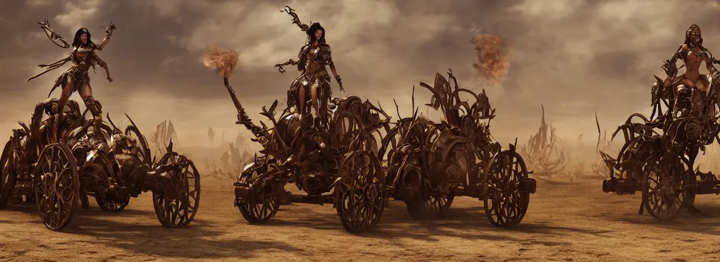 Prompt: movie frame with female warrior standing on steam punk buggy with wood wheels, clean symmetrical face, chase scene, hyperrealism, armor inspired by incas and doom and fashion, epic, award winning, establishing shot, fit body, blooded, extremely high detail, photorealistic, brutal, octane render, editorial, documentary photography