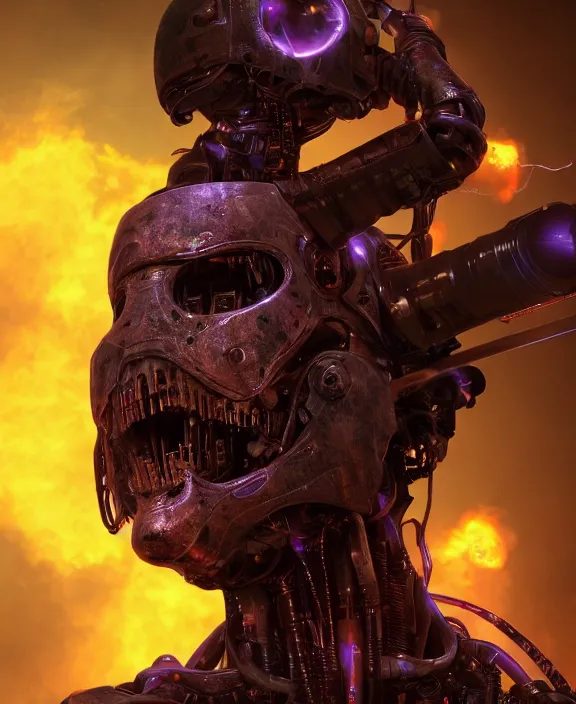 Prompt: an upper body portrait of a cyborg soldier burning with purple fire, by hr giger and beksinski and stephan martiniere, 4 k resolution, detailed, 3 d render, unreal engine, octane render, trending on artstation