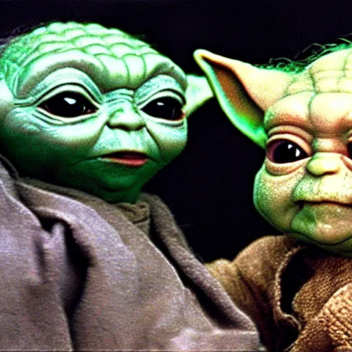 Prompt: baby yoda and yoda from empire strikes back playing with toys