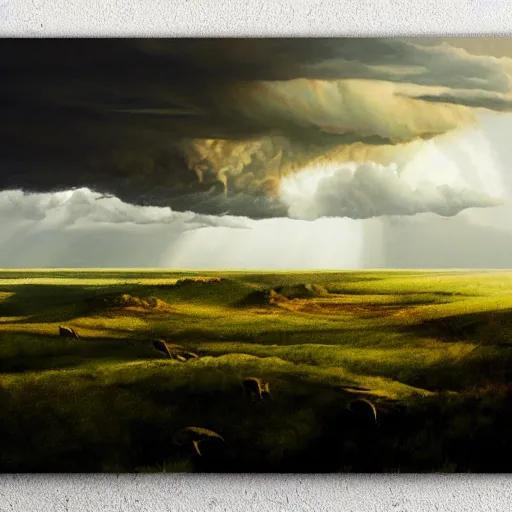 Prompt: Storm brooding over the plains, matte painting by Sylvain Sarrailh. Bright volumetric sunlight