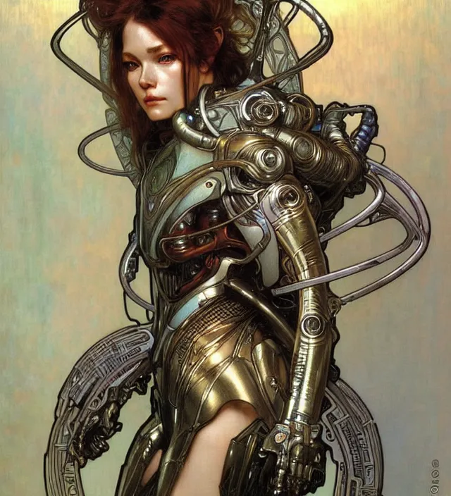 Prompt: realistic detailed face portrait of a beautiful futuristic nordic in alien cyberpunk armor by alphonse mucha, ayami kojima, amano, greg hildebrandt, and mark brooks, female, feminine, art nouveau, cyberpunk, neo - gothic, gothic, character concept design