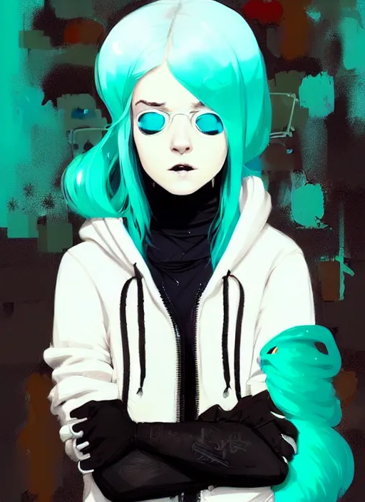 Image similar to highly detailed portrait of a urban punk lady student, blue eyes, hoodie, white hair by atey ghailan, by greg rutkowski, by greg tocchini, by james gilleard, by joe fenton, by kaethe butcher, gradient green, black, brown and teal color scheme, grunge aesthetic!!! ( ( graffiti tag wall background ) )