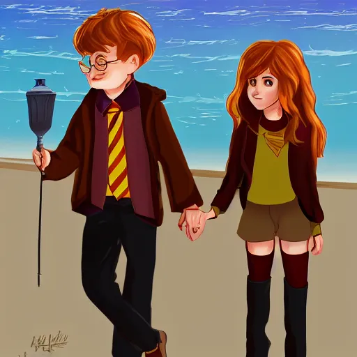 Image similar to Harry Potter Ron and hermione at the beach, digital art, trending on artstation